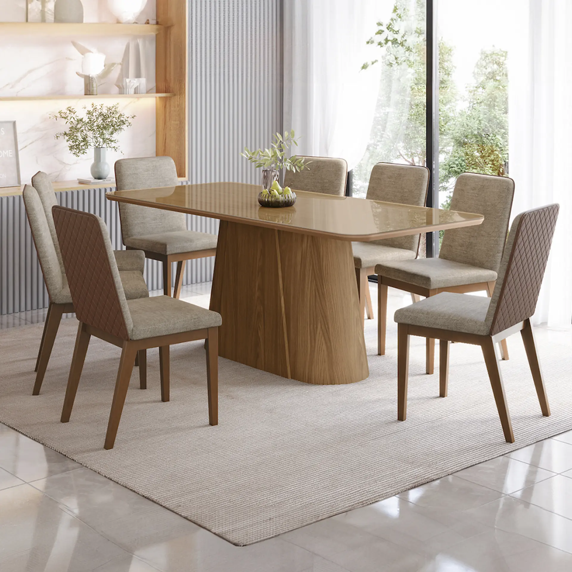 Conjunto de Mesa 8 Cadeiras Tampo Madeira e Vidro Luxury Bom Pastor