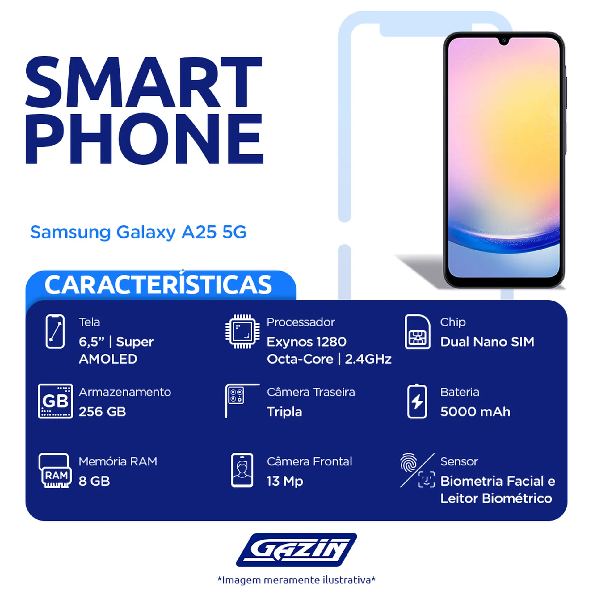 Celular Samsung Galaxy A25 5G 128GB, 6GB RAM, Tela Infinita