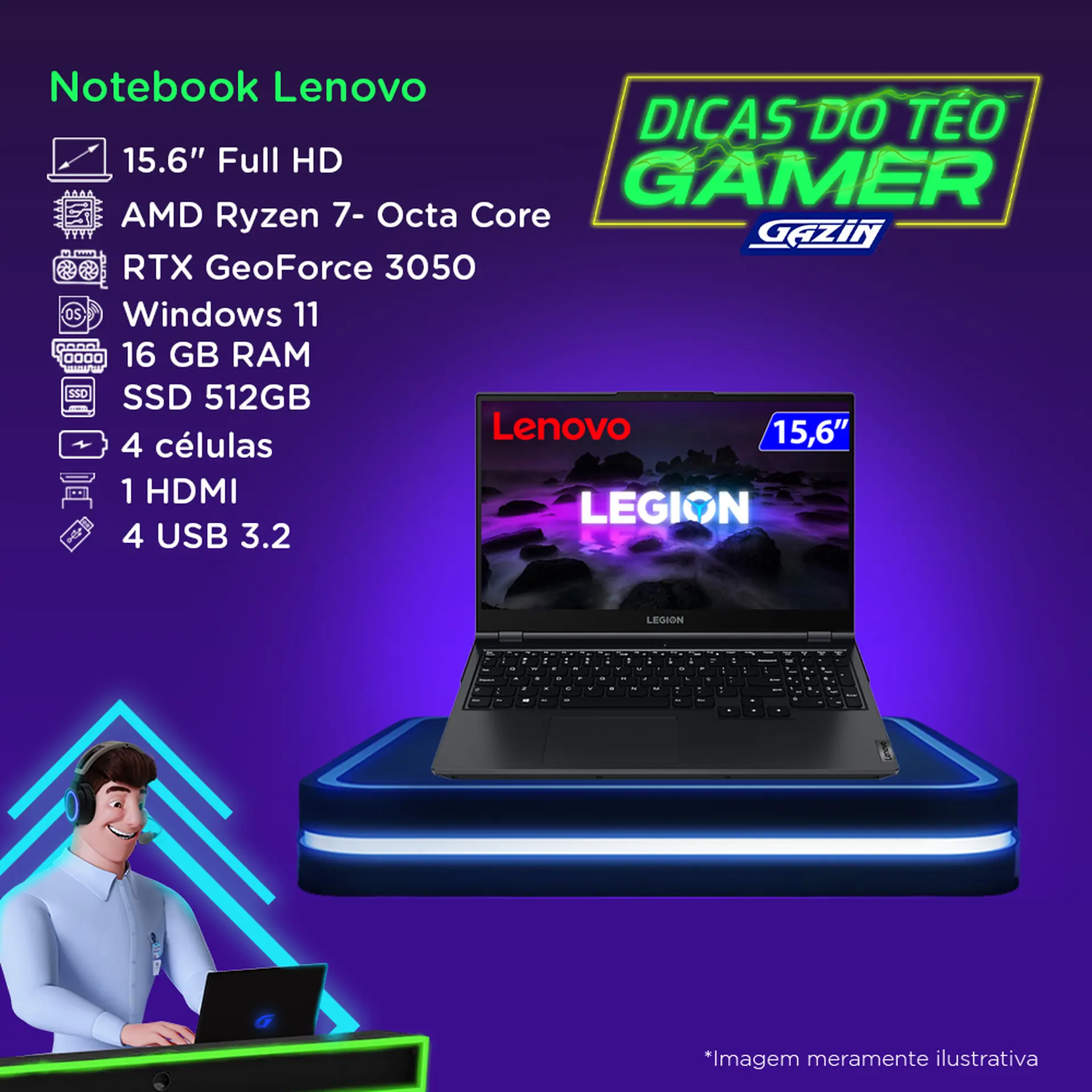 Notebook Gamer Lenovo Legion Ryzen W11 16GB 512GB SSD 82QJ0000BR