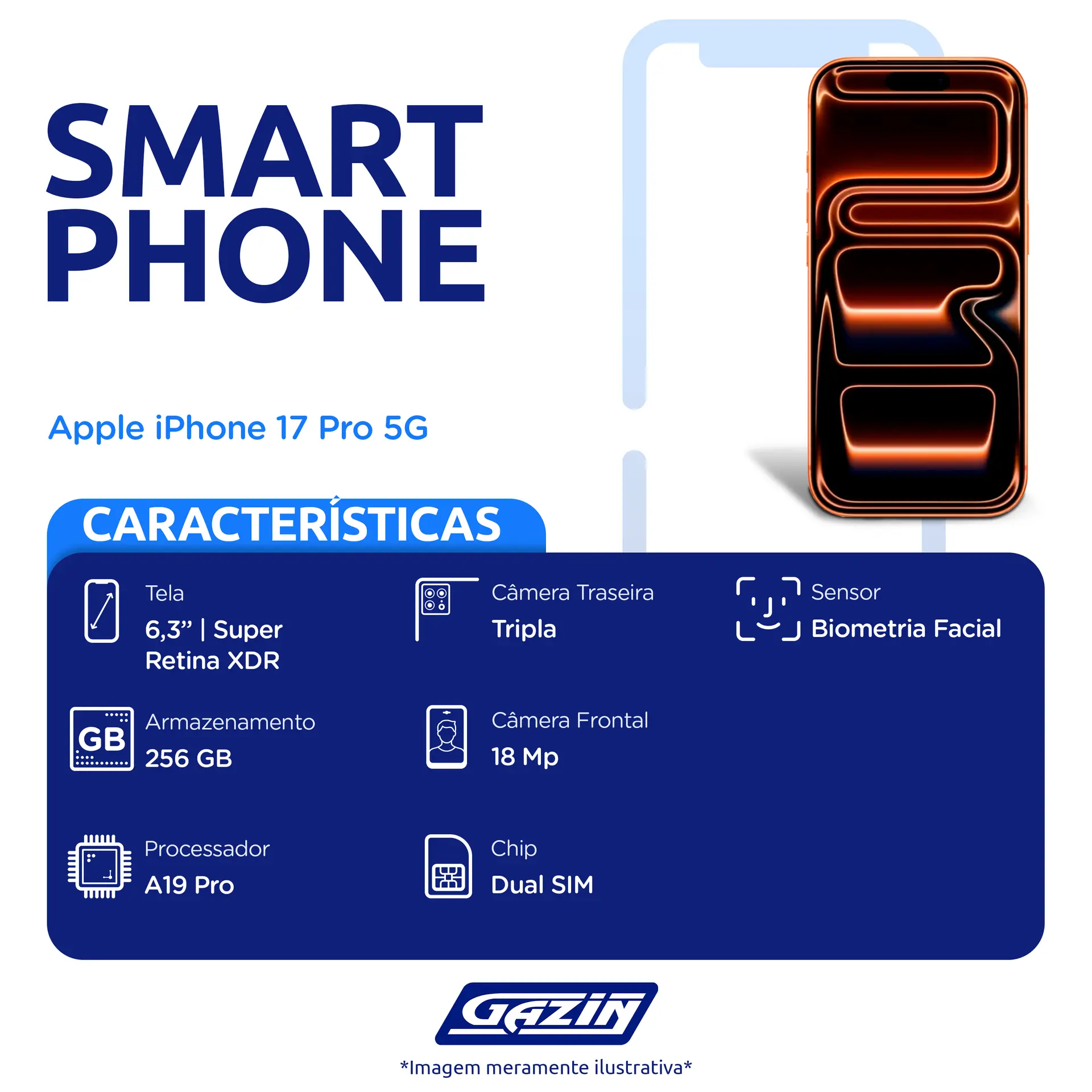 Iphone 17 Pro Apple 6,3 IOS 26 256GB Dual Sim Câmera Tripla