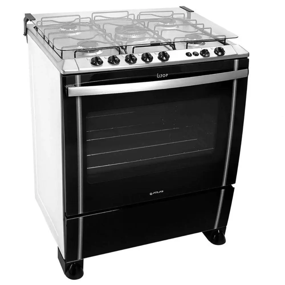 Fogão Atlas 5 Bocas Utop Automático Mesa de Aço Inox Forno Autolimpante