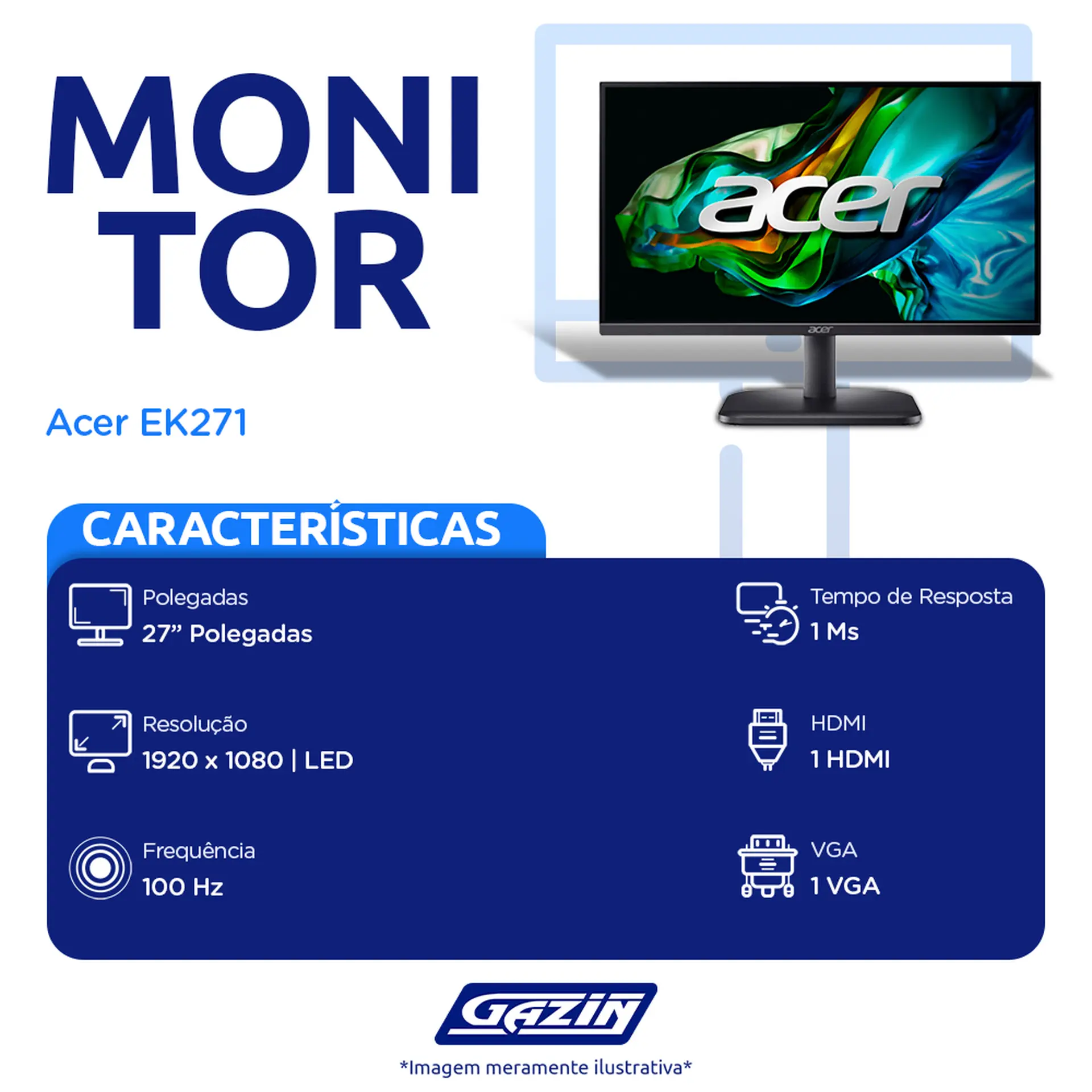 Acer EK271 モニター 本体 Monitor Acer EK271, 27 Pol, IPS, FHD, 1ms