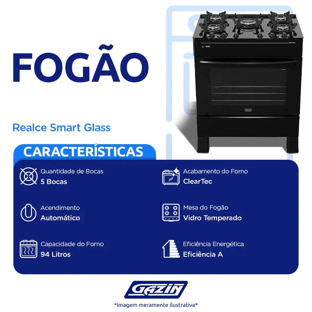 Fogão Smart Glass 5 Bocas Automático Mesa de Vidro Realce