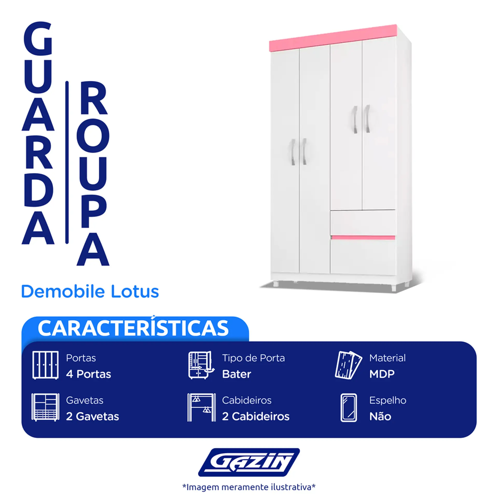 Guarda-Roupa Solteiro 4 Portas 2 Gavetas Lotus Demóbile