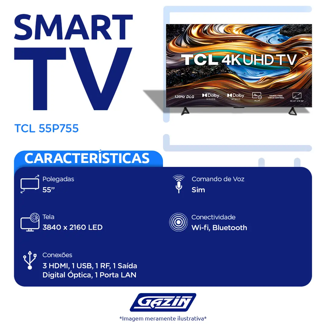 Smart TV TCL LED 55" 4K Wi-Fi UHD Google TV Comando de Voz 55P755
