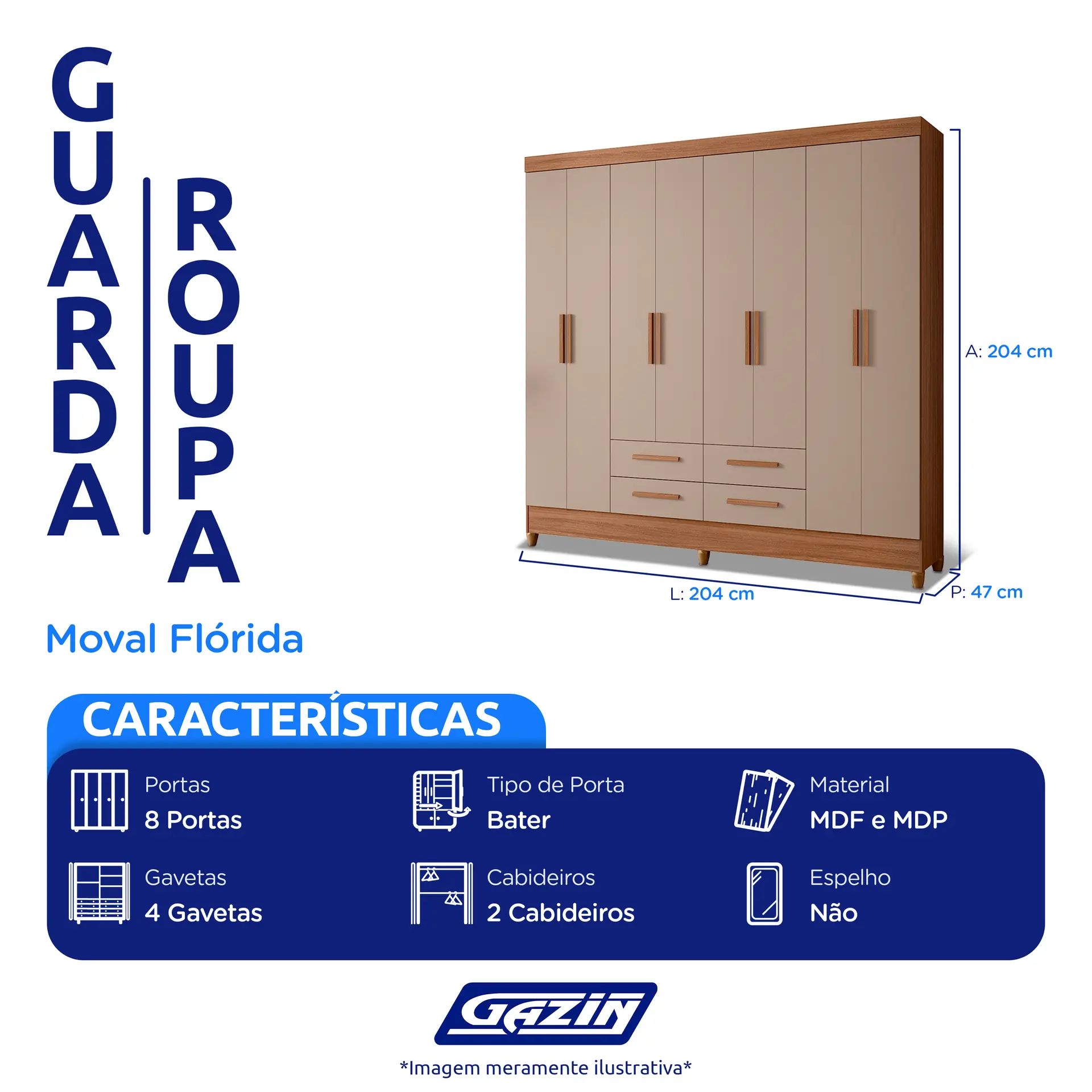 Guarda-Roupa Casal 8 Portas Bater 4 Gavetas MDP Flórida Moval Roupeiro